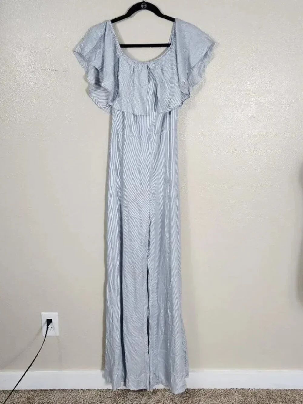 Wildfox Striped Off Shoulder Wide Leg Jumpsuit Blue White 100% Rayon L